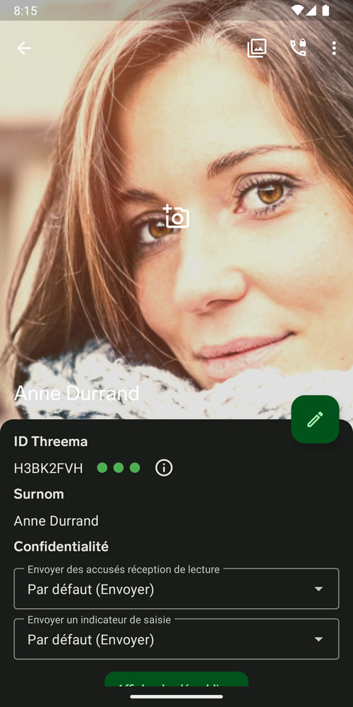 Profil d’utilisateur avec détails de contact dans l’application Android de Threema