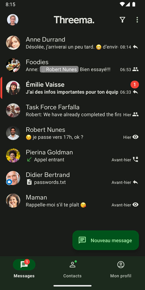 Messagerie de groupe dans l’application Android de Threema