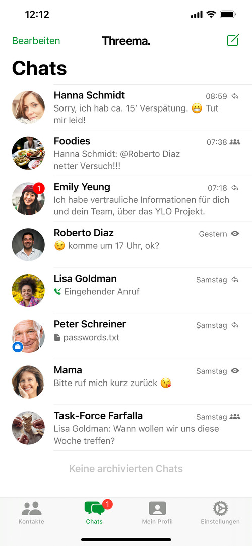 Nachrichten-Übersicht in der mobilen iOS-Version der sicheren Chat-App Threema