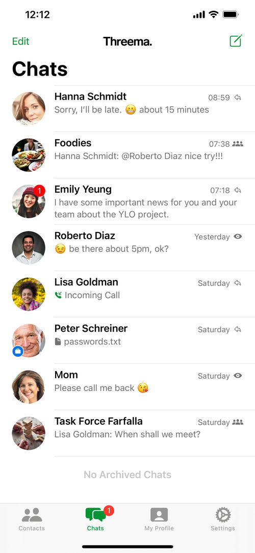 Chat overview in the mobile iOS version of the secure messenger Threema