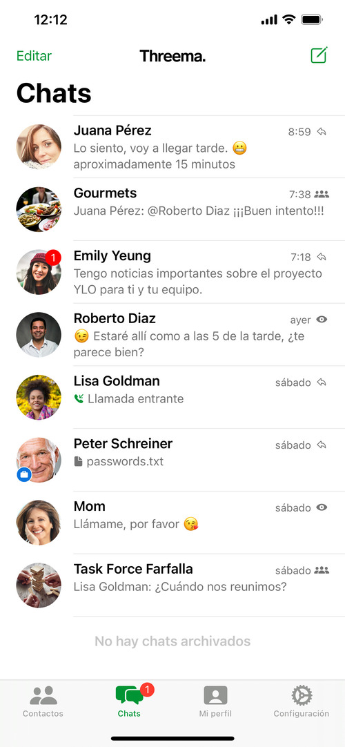 Vista general del chat en la versión para móvil de iOS de la mensajería segura Threema