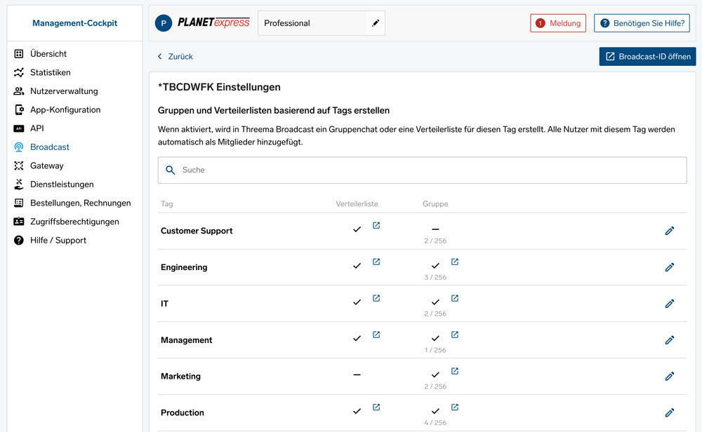 Broadcast Einstellungen, Tag Übersicht