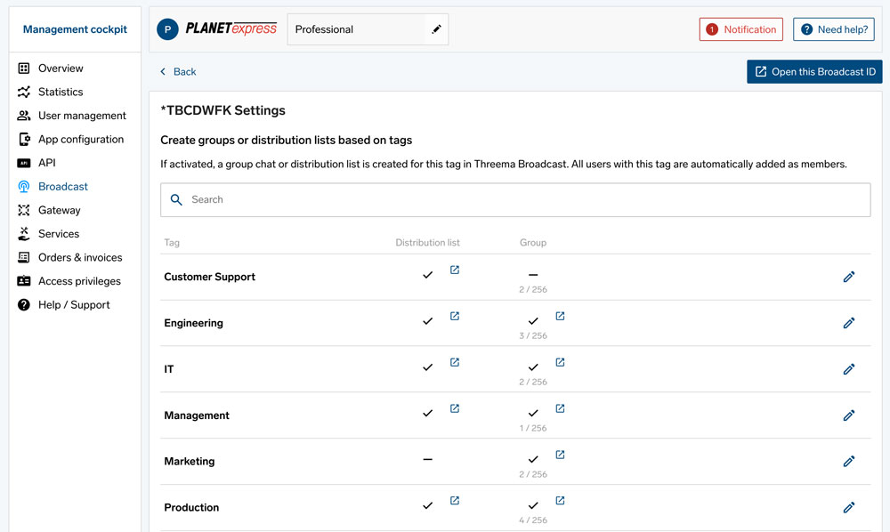 Broadcast settings, tag overview