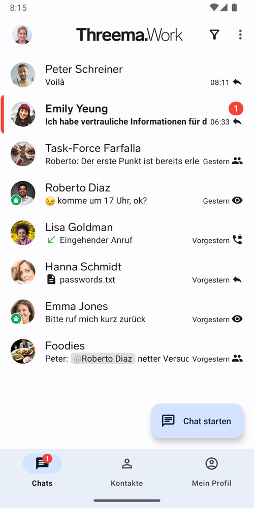Business-Messenger Threema Work – Nachrichten-Übersicht auf einem mobilen Endgerät