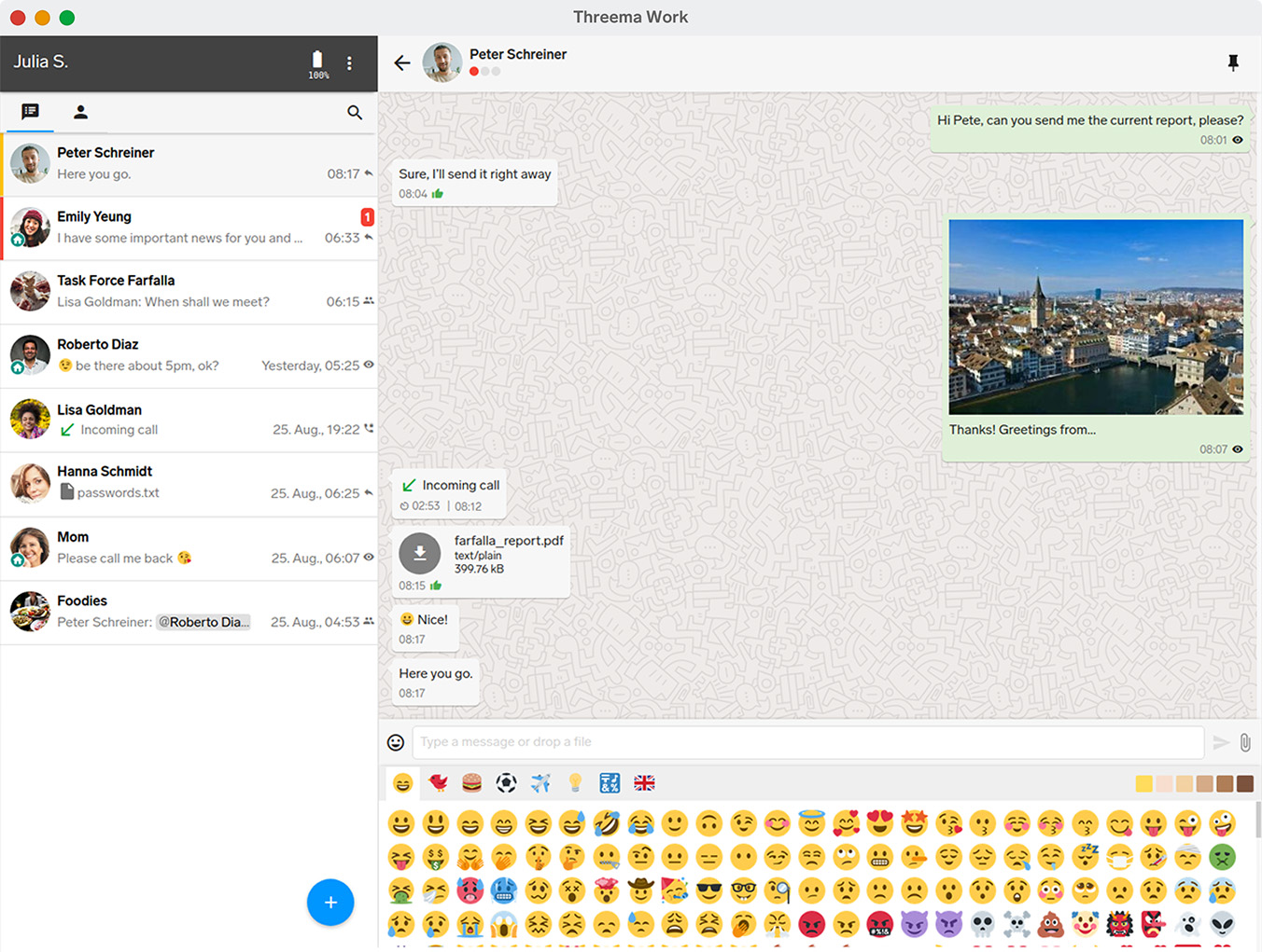 Chat overview in the desktop app of the business messenger Threema Work