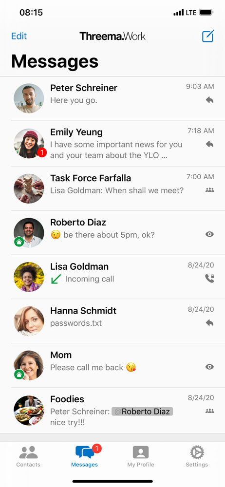 El business messenger Threema Work – Vista general del chat en un dispositivo móvil